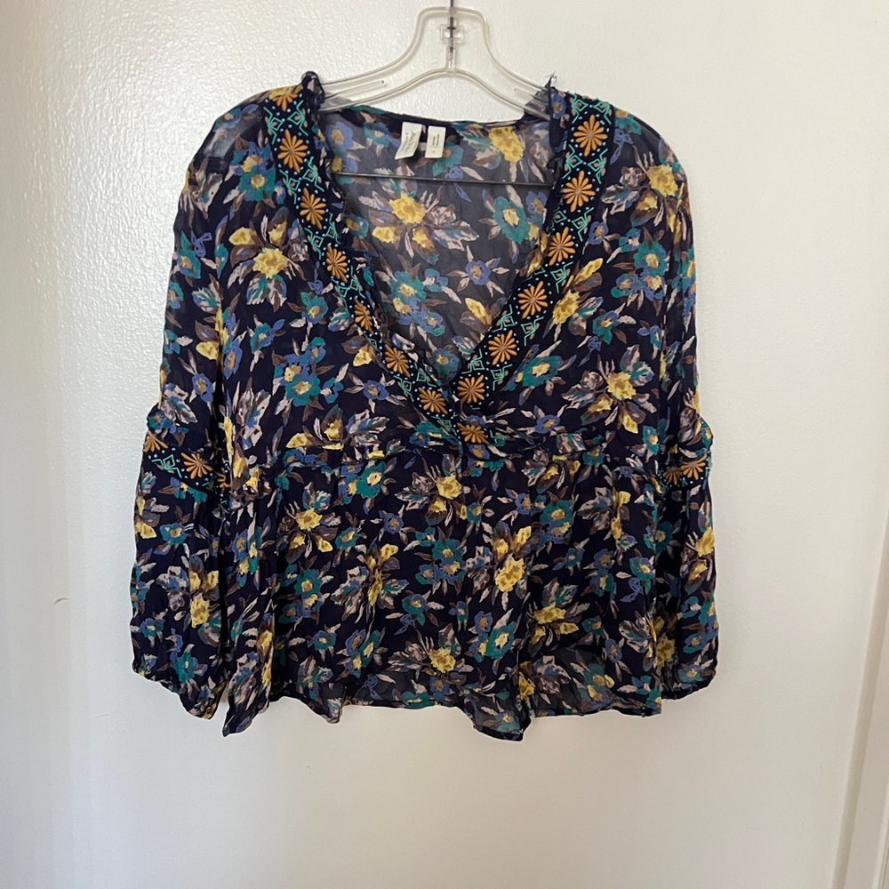 Anthropologie Meadow Rue Strasser Floral Blouse M Babydoll Boho Sheer